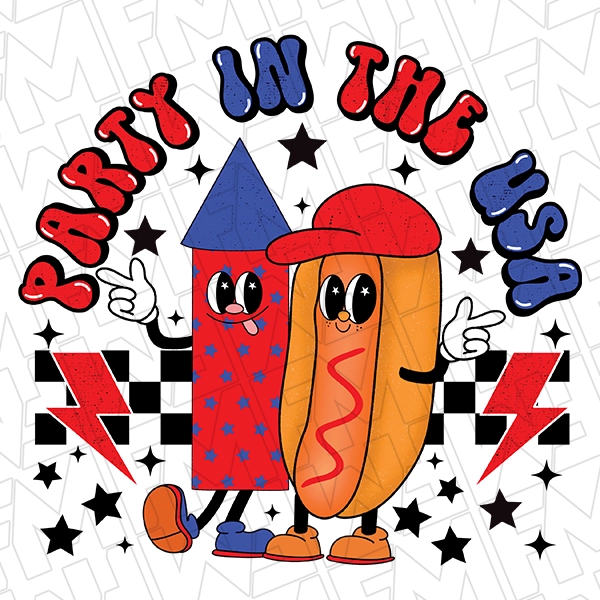 Retro Cartoon Hotdogs Party in the USA Patriotic DTF Transfer | Patriotic Direct-to-Film | 0213