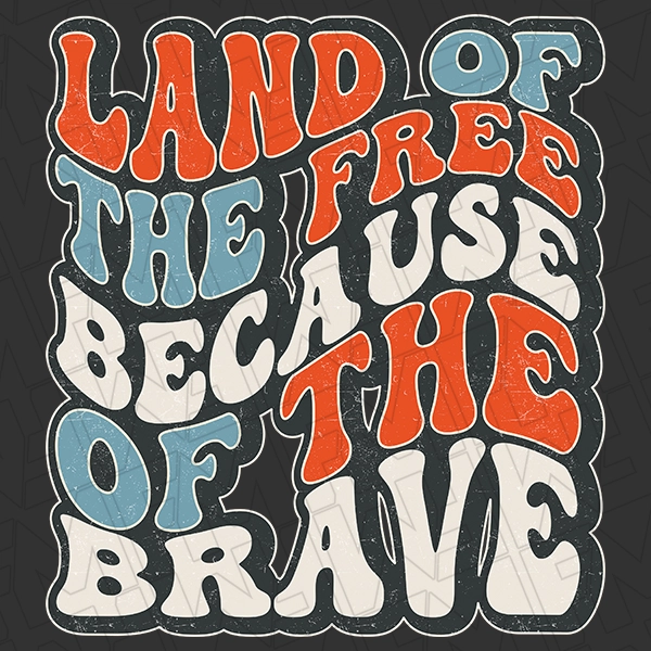 Land of the Free Because of the Brave Wavy Text Retro Patriotic DTF Transfer | Patriotic Direct-to-Film | 0228