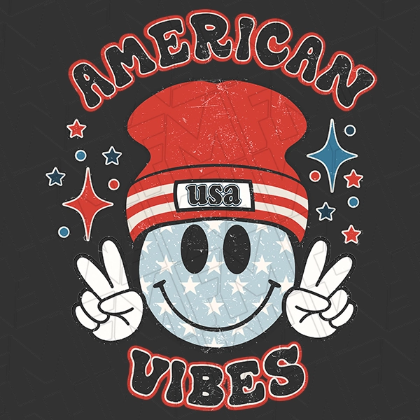 American Vibes Retro Boho Hippie Peace Smiley Patriotic DTF Transfer | Patriotic Direct-to-Film | 0233