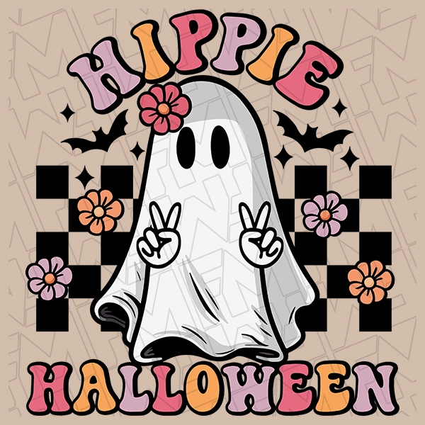Hippie Halloween Checker Peace Ghost Halloween DTF Transfer | Halloween Direct-to-Film | 0307
