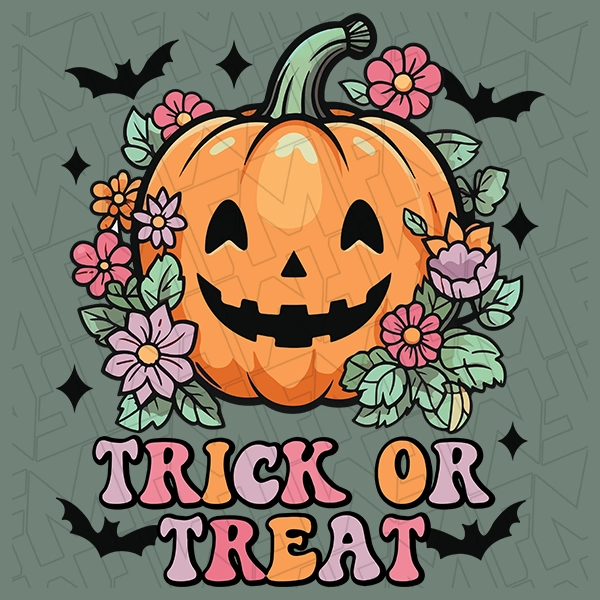 Trick or Treat Pumpkin &amp; Flowers Halloween DTF Transfer | Halloween Direct-to-Film | 0306