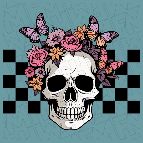 Checker Skull with Butterflies Halloween DTF Transfer | Halloween Direct-to-Film | 0314