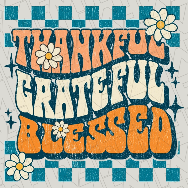 Thankful Grateful Blessed Retro Checker Fall DTF Transfer | Fall Direct-to-Film | 0293