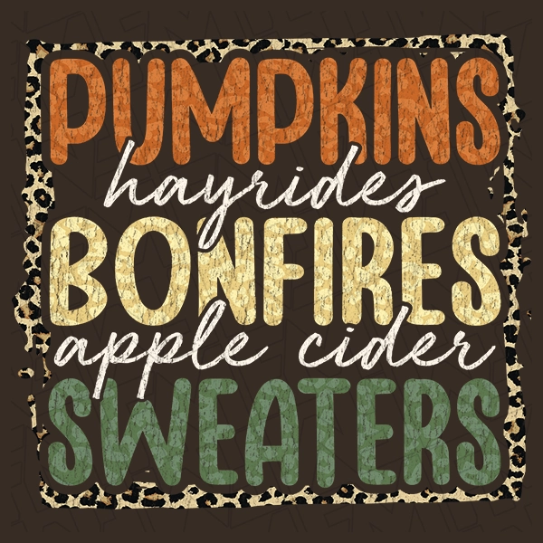 Pumpkins Hayrides Bonfires Apple Cider Sweaters Fall DTF Transfer | Fall Direct-to-Film | 0328