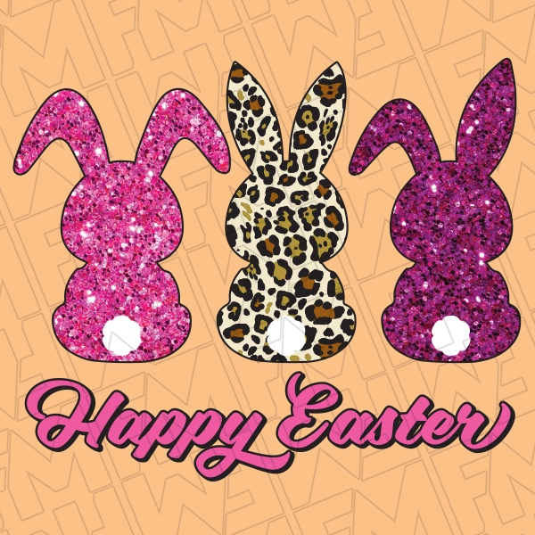 Three Bunnies with White Tails 2 Glitter Faux and 1 Leopard Easter DTF Transfer  Easter Directto-film  0481