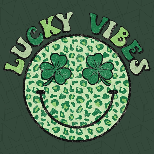 Lucky Vibes Green Leopard Smiley Face St Patricks Day DTF Transfer  St Patricks Day Direct to Film - 0025