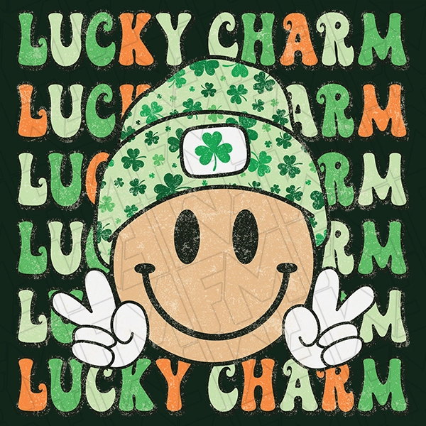 Lucky Charm Boho Hippie Smiley Face DTF Transfer  St Patricks Day Direct to Film - 0027